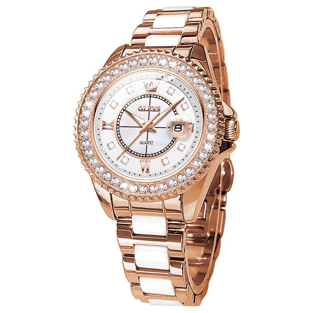OLEVS Orologio automatico da donna, in oro rosa, con scheletro, meccanico, a carica automatica, elegante, elegante, elegante, elegante, con farfalla e diamanti bianchi, cinturino in ceramica