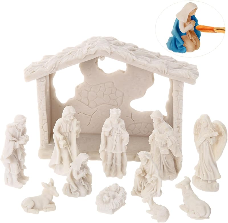 Zubebe 12 Pcs DIY Christmas Nativity Set, Ready to Paint Unpainted Resin Mini Jesus Figures, Birth of Christ Scene Ornaments with Stable for Religious Holiday Art Crafting(Nativity Scene)
