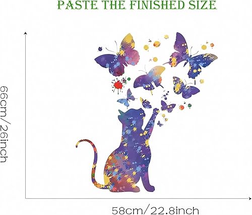 Miniatura 6 de Calcomanías de pared con diseño de gato y mariposa de cielo estrellado de fantasía, calcomanías de pared de animales de dibujos animados de sacinora