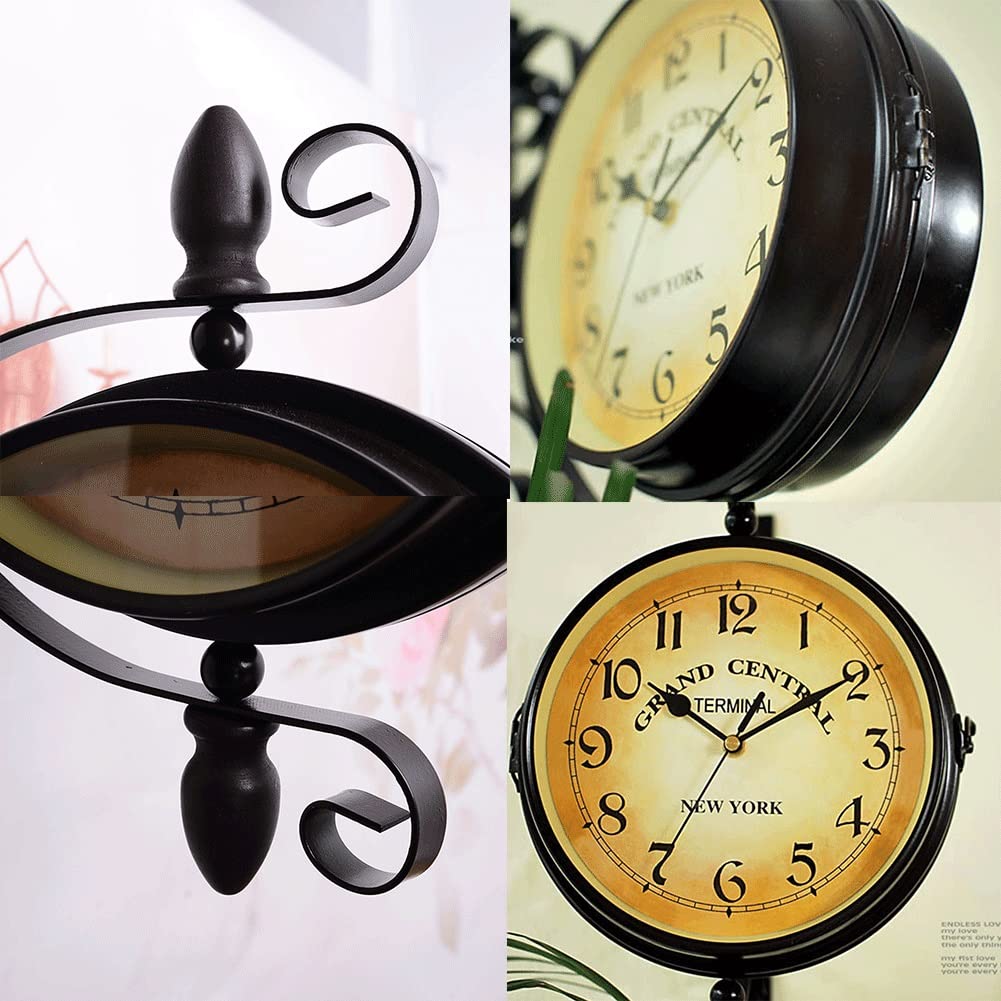 Horloge Murale Rétro sur Pied Double Face, Horloge De Gare Rétro en Métal À Deux Cadrans, Horloges Suspendues Antiques pour Jardin, Terrasse, Piscine, Véranda, Clôture, Décor,Black