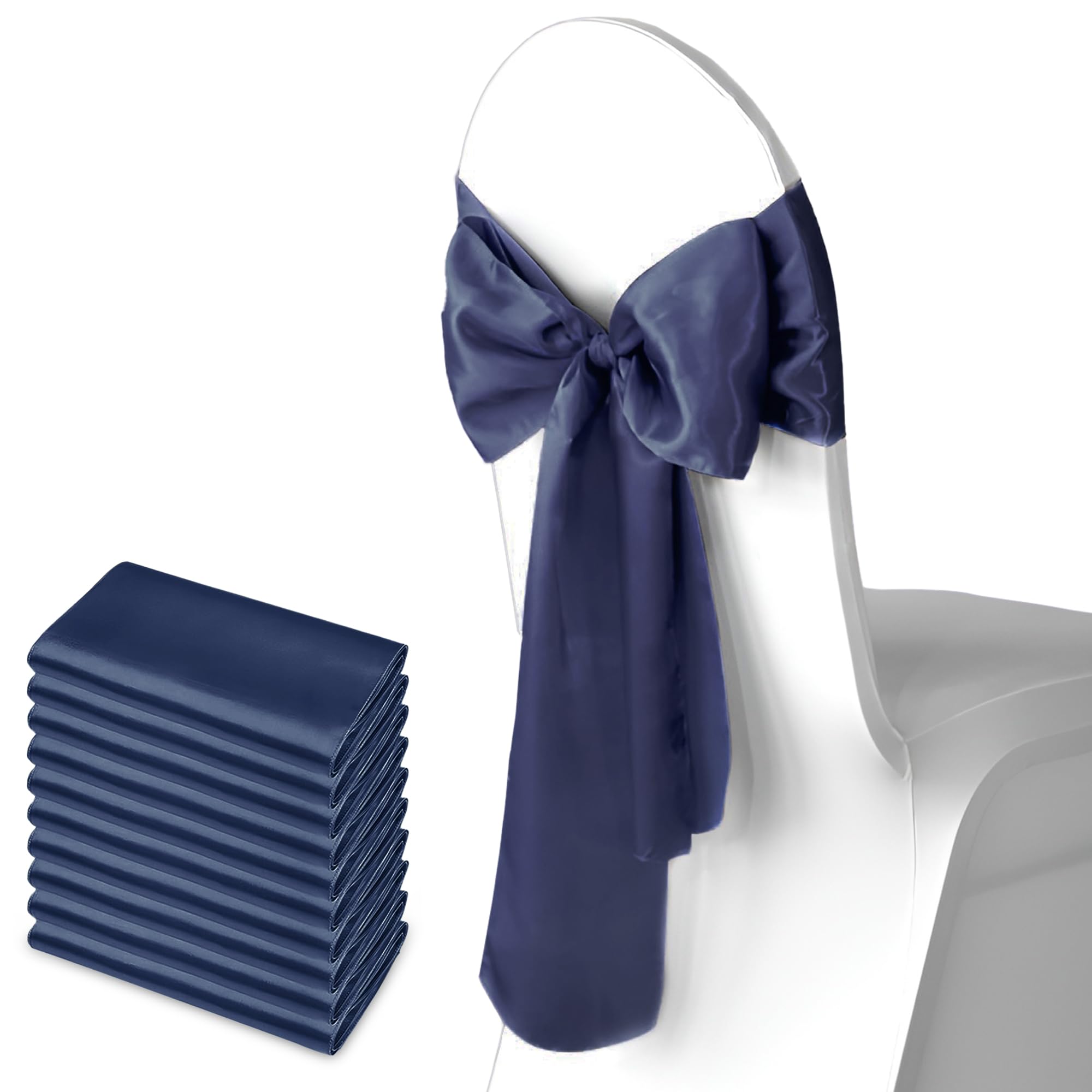 Trimming Shop Navy Blue Satin Chair Sash Wider Fuller Bows Chair Sashes Hammed Edges Bow Back Tie for Wedding Birthday Party Banquet Event Decoration, 10pcs
