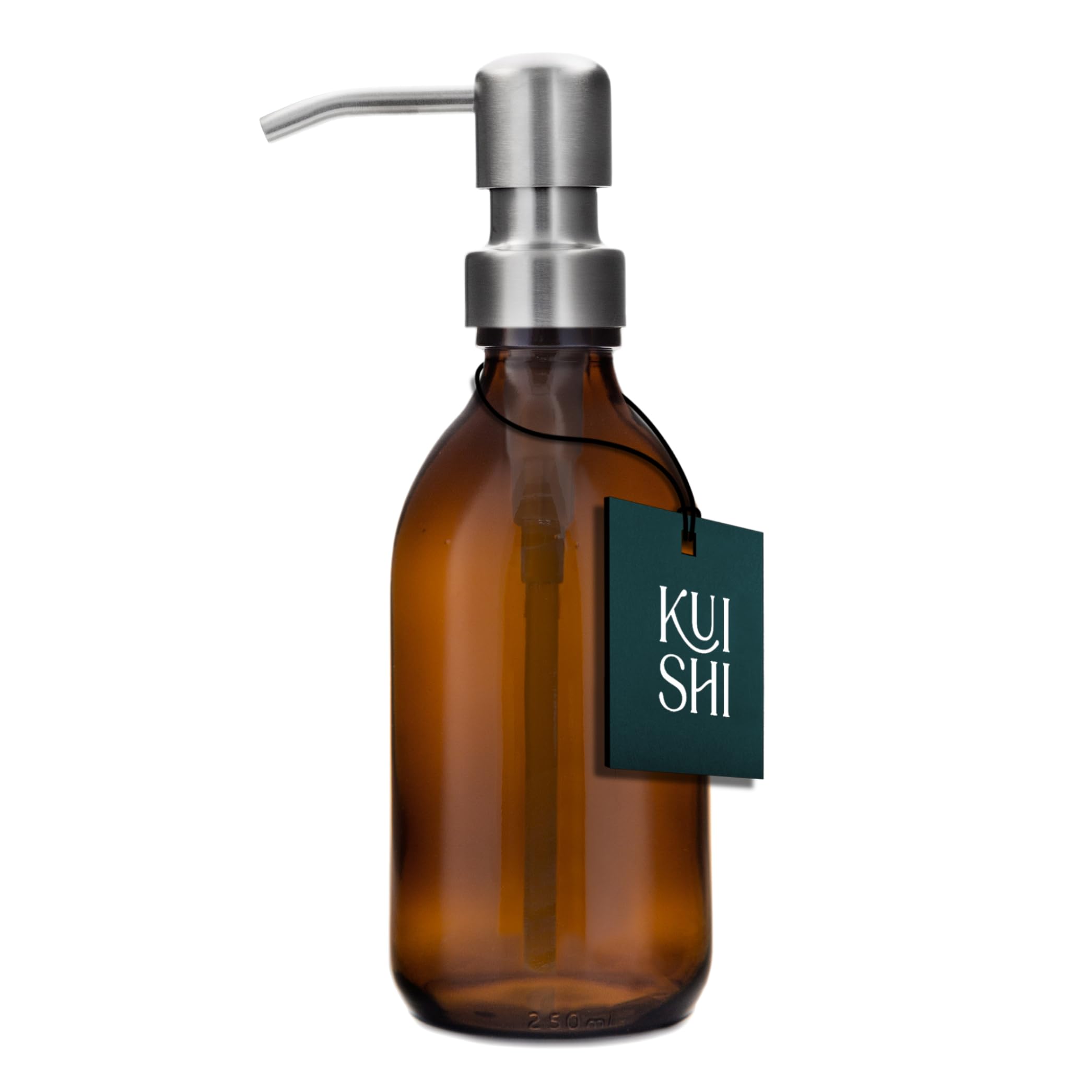 Kuishi Glass Soap Dispenser with Silver Stainless Steel Pump - 250ml Refillable BPA-Free Hand Soap Dispenser for Kitchen & Bathroom, Amber