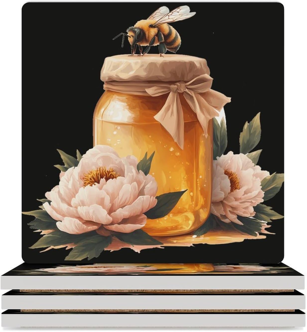 Bee Peonies Flowers Ceramic Coasters Square Drinks Coaster Coffee Table Decor Table Coaster for Home Bar