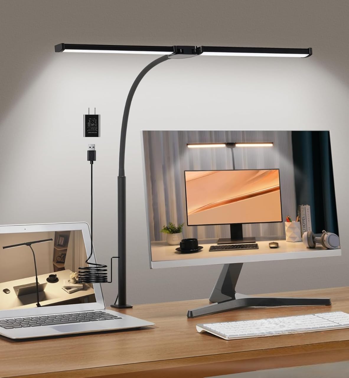 XERGY Double Head LED Desk Clamp Lamp Light- with Adjustable Arms, Eye-Caring Dimmable Office Lamp for Monitor, Studio, Workbench & Reading – Black