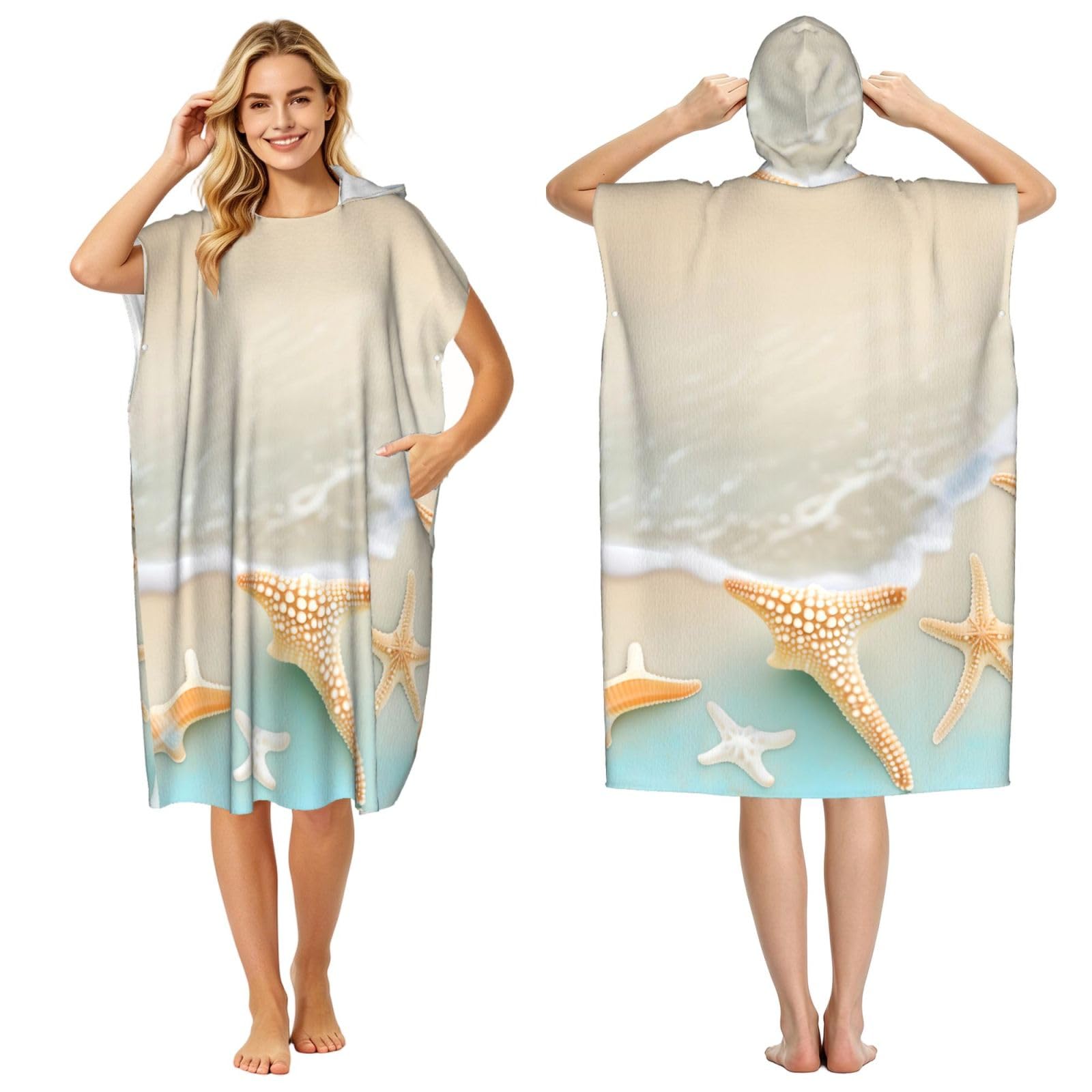 Zaixiansj 110cm Beach Starfish Print Adult Changing Robe Hooded Towel Poncho Surf Swim Beach Cover Up with Pockets