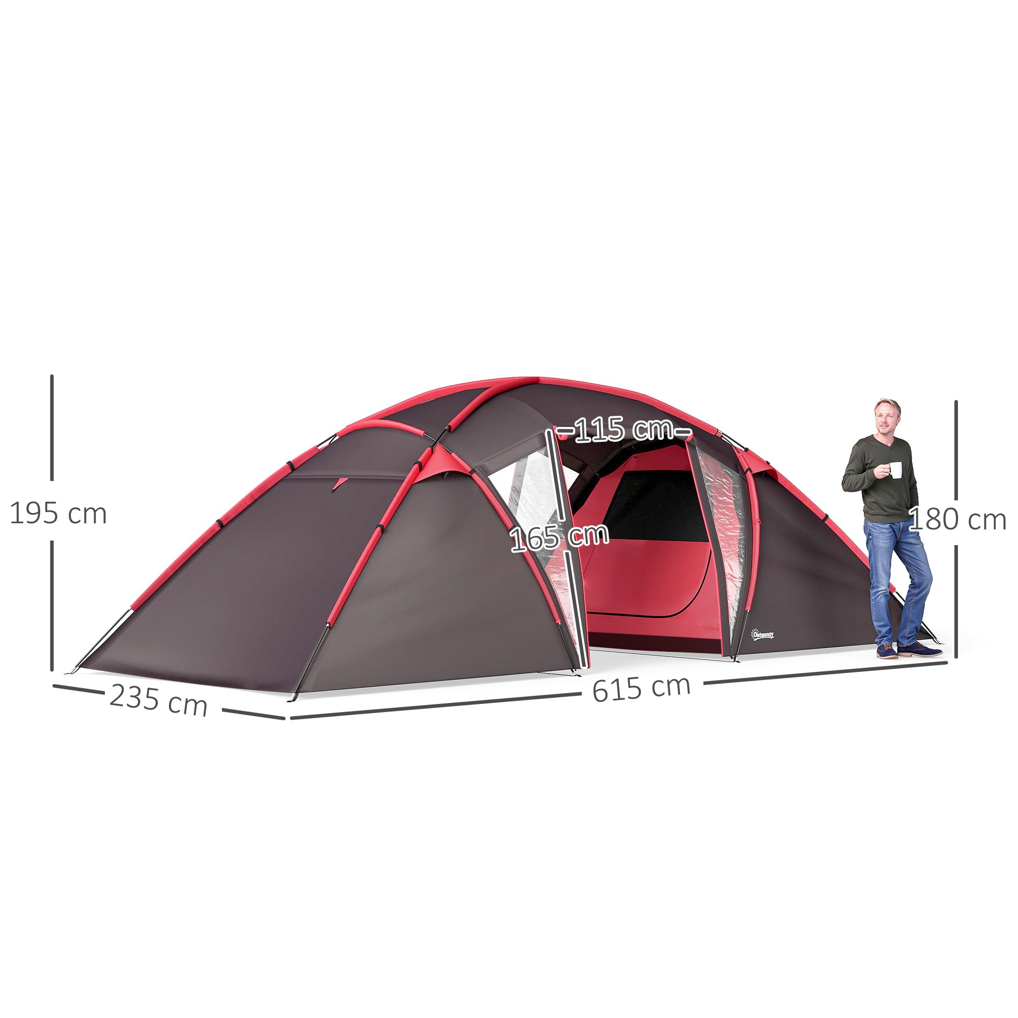 Outsunny Tunnelzelt, Campingzelt für 4-6 Personen, mit 3 Räumen, Lichthaken, Gruppenzelt mit Doppeltüren, 3000mm Wasserabweisend Familienzelt, für Garten, Campingplatz, Grau
