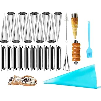 Cannoli Baking Mould Pack of 23 Cannoli Tubes with Cleaning Brush Stainless Steel Iridescent Curl Shape Foam Roller Moulds Croissant Baking Mould Sending Silicone Brush for Croissant