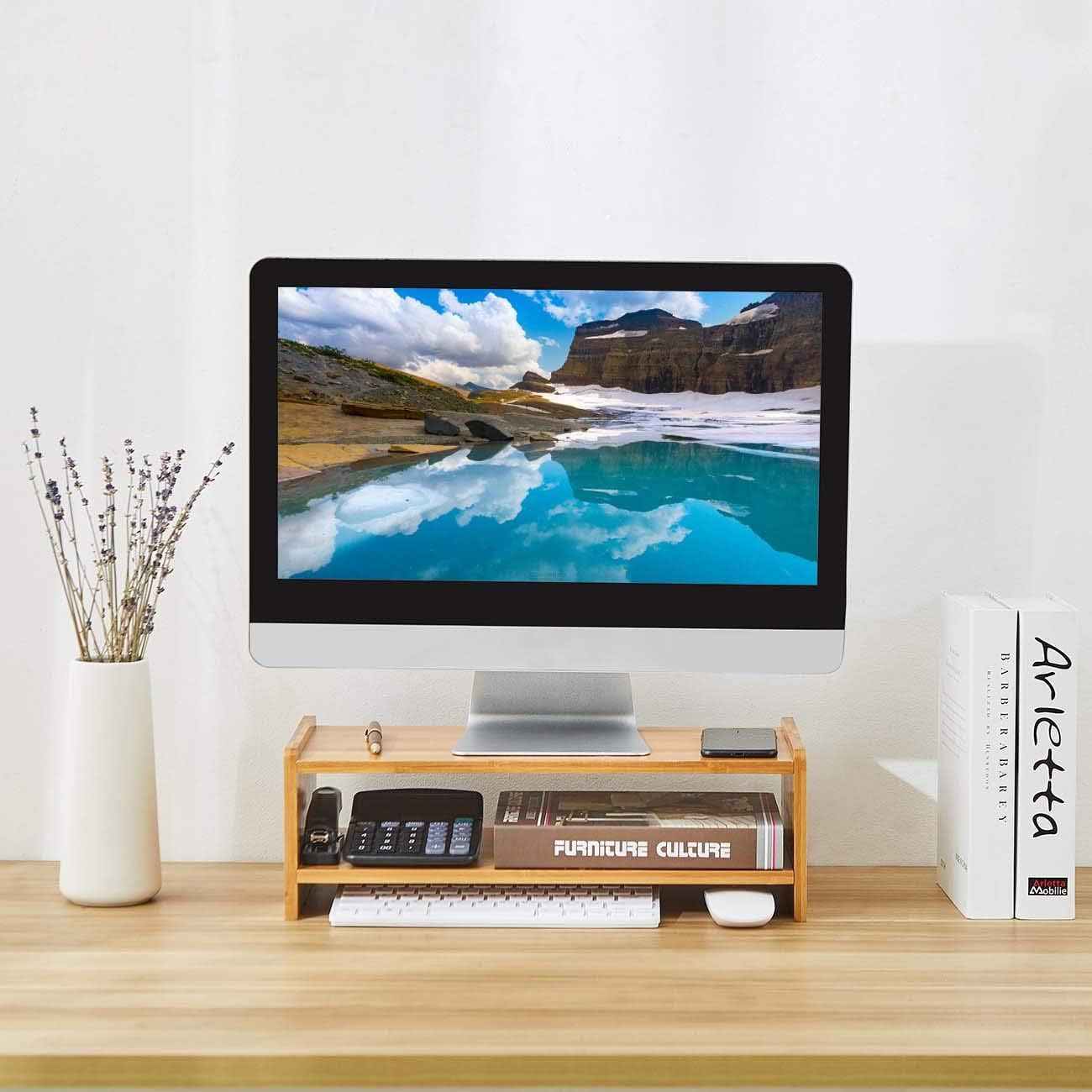 Review Discount HUVIBE Monitor Stand Riser, 2 Tiers Computer Monitor Stand with Storage Organizer, Desktop Stand for Laptop Computer,Desk Stand with Adjustable Height -Bamboo Burlywood