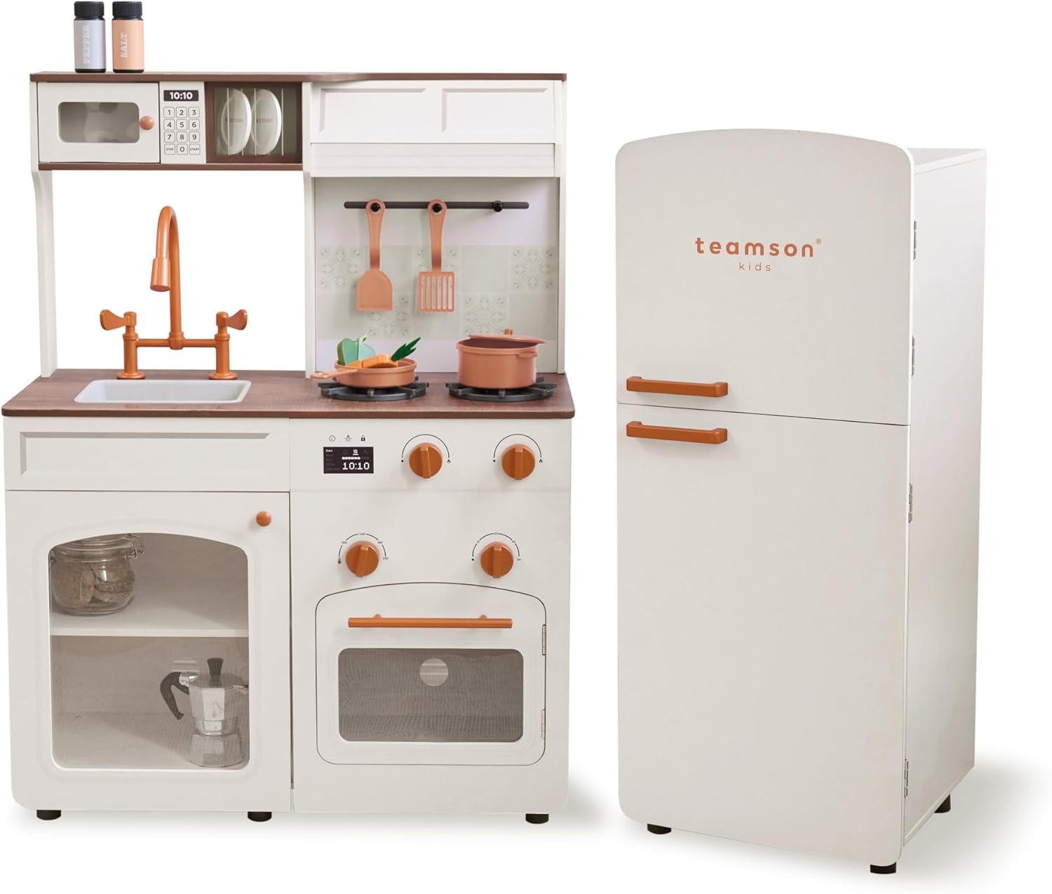 Teamson Kids Little Chef Normandy Wooden Play Kitchen Set with Sink Oven Modular Fridge & 14 Accessories for Toddlers & Kids 3+ Pretend Cooking Playset Large Vintage Style Off White