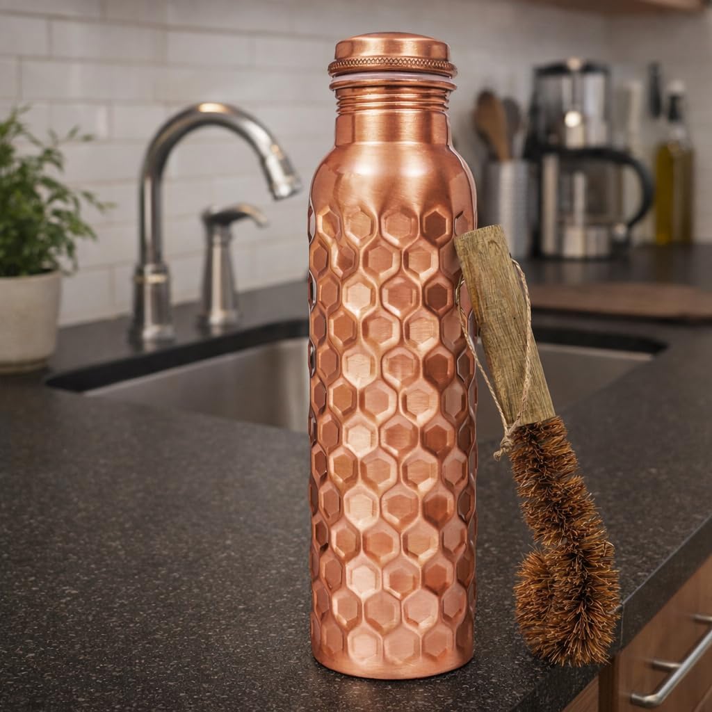 The Wooden Town 100% Pure Copper Water Bottle for Drinking, 32 Oz Large Diamond Ayurvedic Copper Bottle with Cleaning Brush, Leak-Proof Water Vessel_Diamond - Image 5