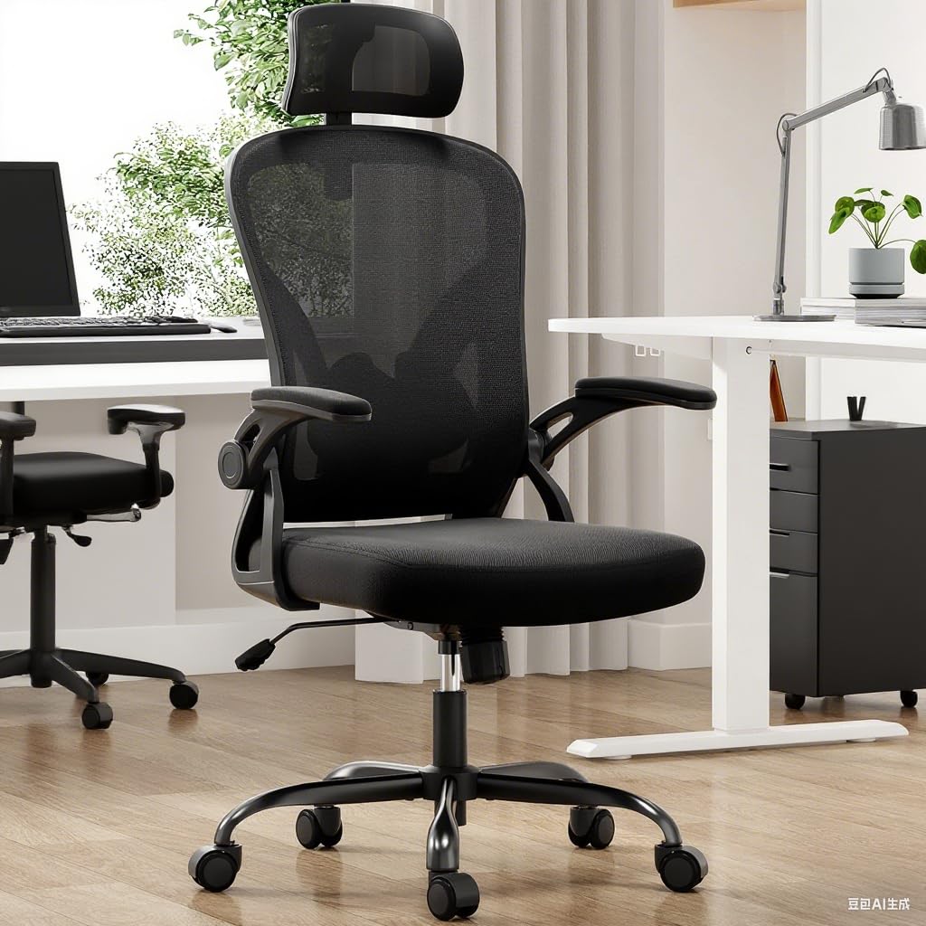 Black Study Chair, 350lbs Weight Capacity - Mesh Office Chair with Flip-Up Arms, Adjustable Headrest & Lumbar Support, Suitable for Home, Office - Ideal as Home Office Chair & Desk Chair