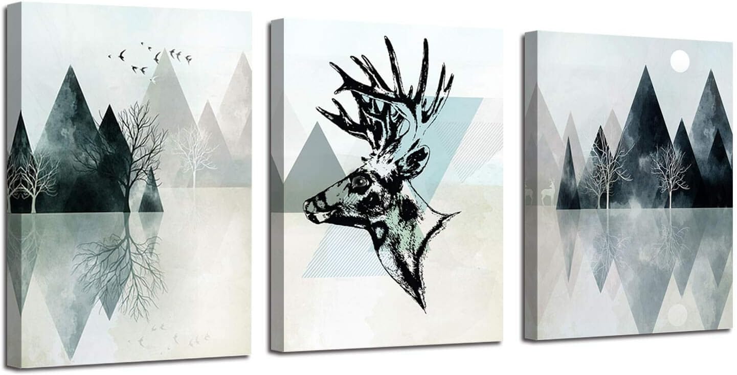 Ardemy Geometric Abstract Canvas Wall Art Mountain Painting Mid-Century Black and White Deer, Triangle Pictures Framed for Living Room Bedroom Mens Bathroom Home Office Decor 12"x16"x3 Panels