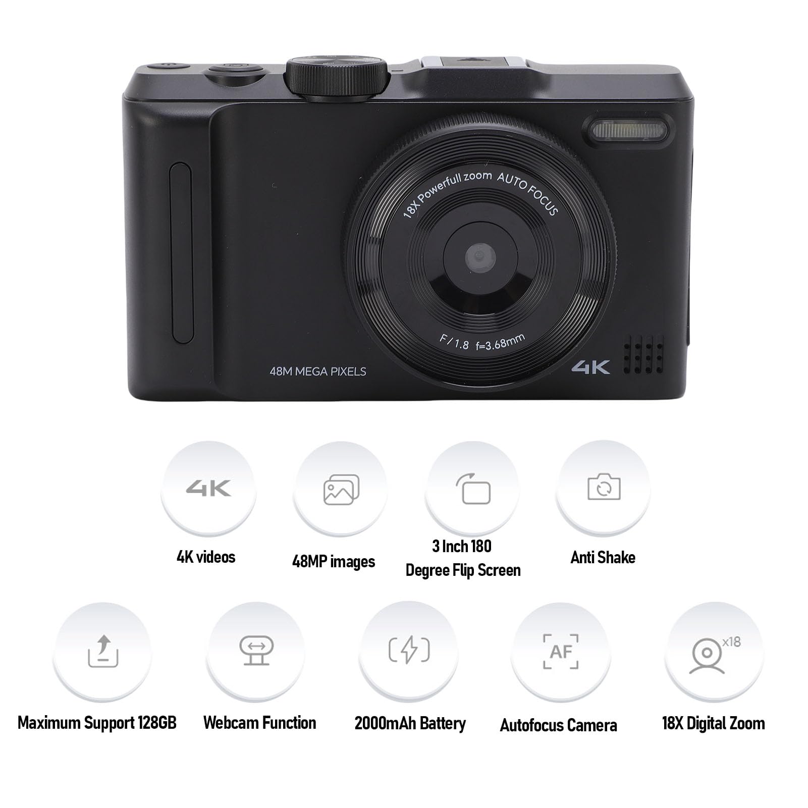 Bewinner Fotocamera Digitale 4K per la Fotografia, Fotocamera da 48MP con 3 "180 ° Flip Screen, Anti Shake, 18X Digital Zoom Vlog da Viaggio per Principianti (BLACK)