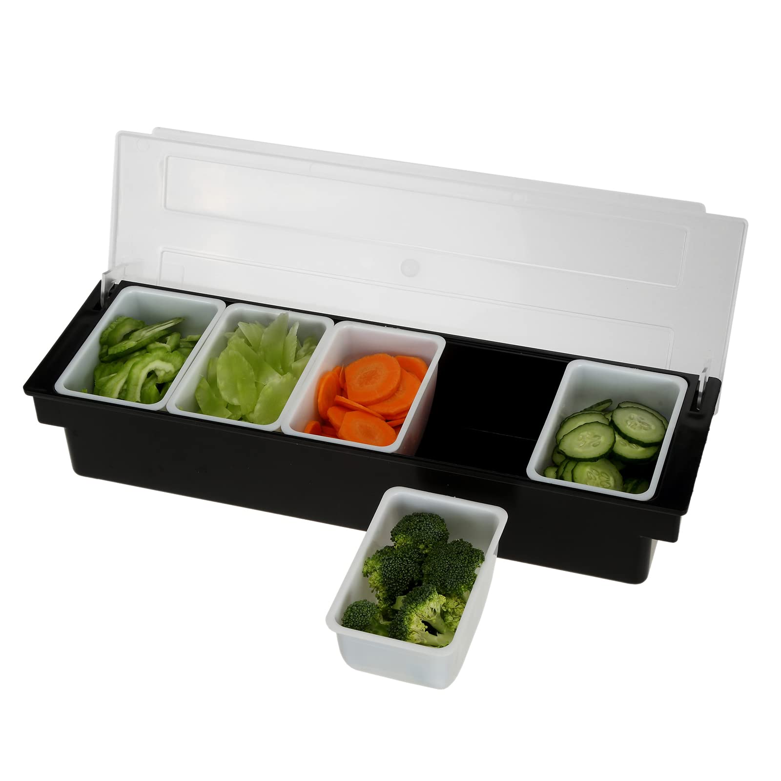 Tebery Ice Cooled Condiment Serving Container, 5 Compartment Condiment Server Caddy with Hinged Lid and 5 Removable Dishes, Chilled Garnish Tray Bar Caddy (5 Compartment Black)
