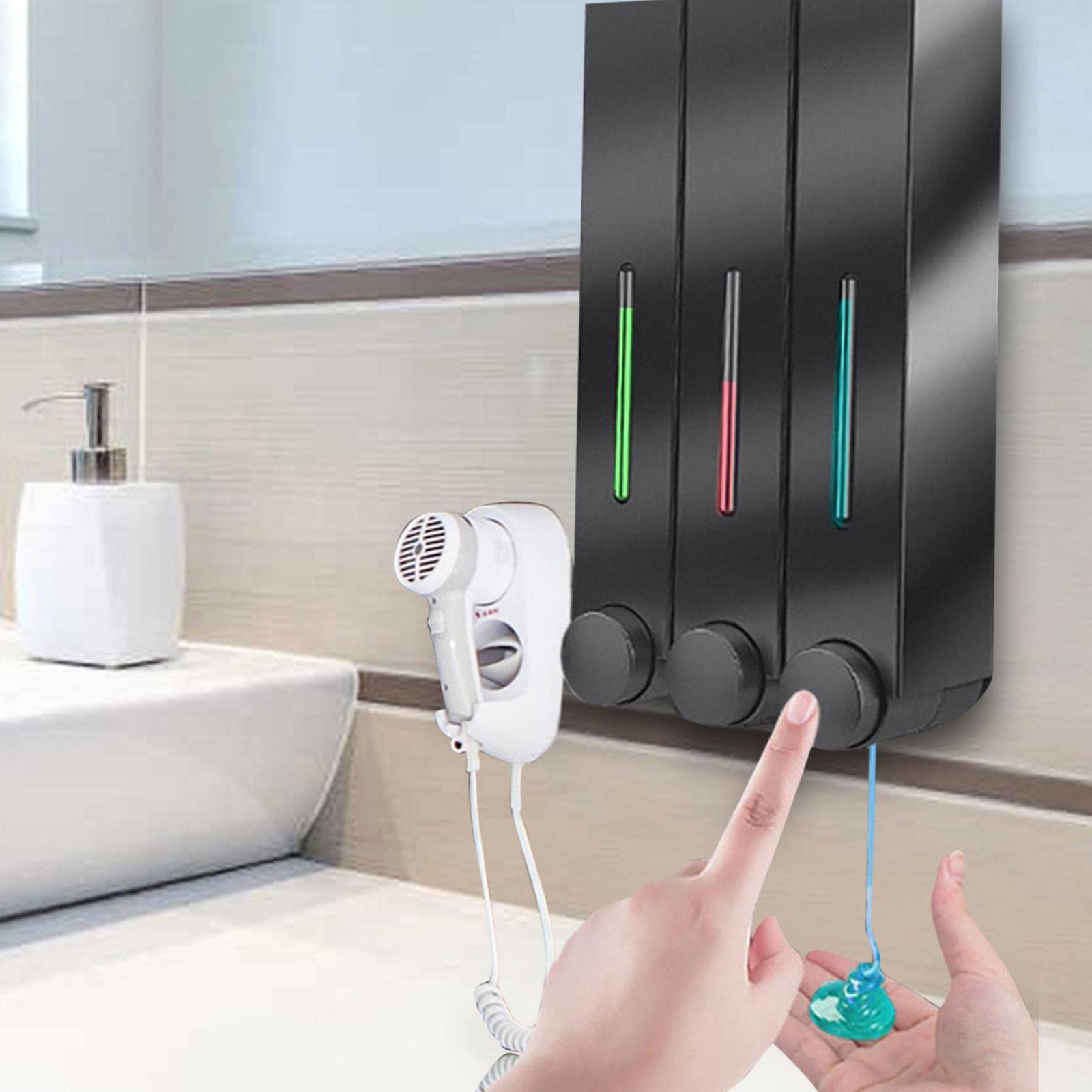 Fenteer Dispensador de jabón Bomba Botellas loción Manual dispensador de Gel líquido Soporte de Pared para Cocina Baño - Triple Negro