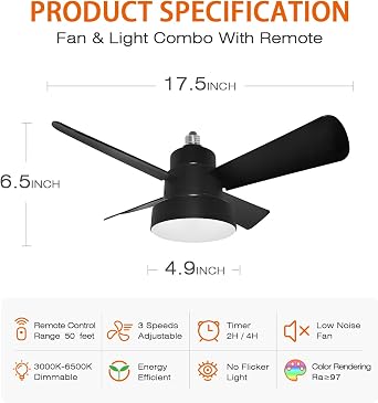 Socket Fan Light with Remote- Black- Dimmable LED Bulb- Screw in Ceiling Fan in Light Socket- for Bathroom Bedroom Kitchen Laundry