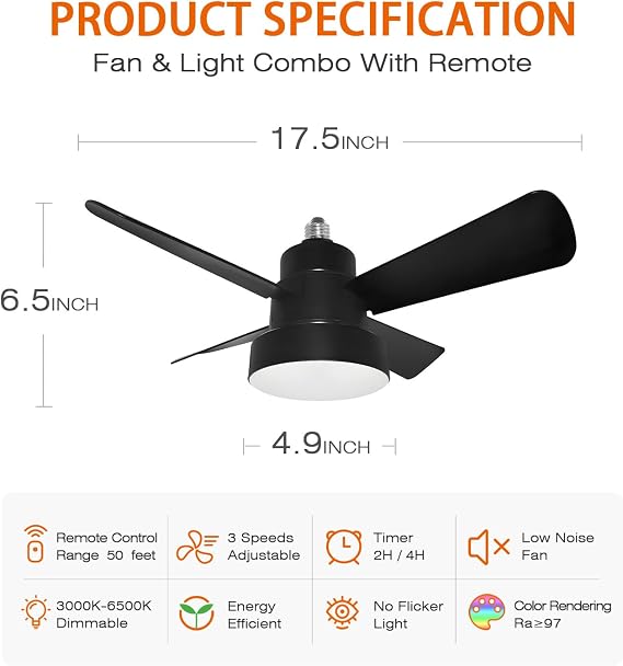 Socket Fan Light with Remote- Black- Dimmable LED Bulb- Screw in Ceiling Fan in Light Socket- for Bathroom Bedroom Kitchen Laundry