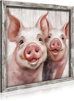 Farm Animal Wooden Wall Art - Cute Pink Pig Framed Picture Farmhouse Painting Rustic Artwork for Kitchen
