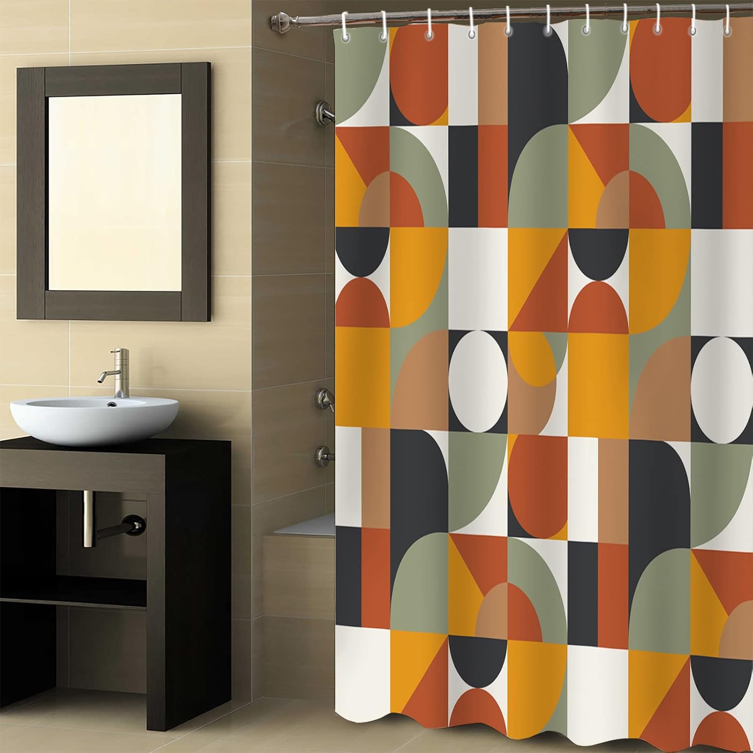 Shower Curtains for Bathroom, Mid Century Orange Brown Sage Green Abstract Retro Geometric Modern Shower Curtain Set Waterproof Fabric Bath Curtain with Hooks for Home Apartment Farmhouse 60x72 inch