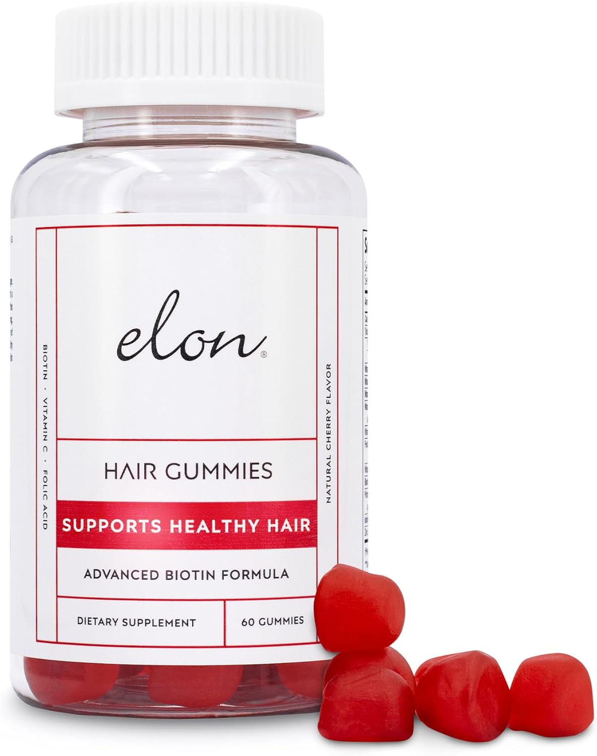 Elon Biotin Gummies for Hair Growth – 60 Count Biotin 5000mcg Per Serving for Hair, Skin and Nails – Vitamin A, Folic Acid, & Vitamin E - Pectin Cherry Flavored Gummies (60 Day Supply)