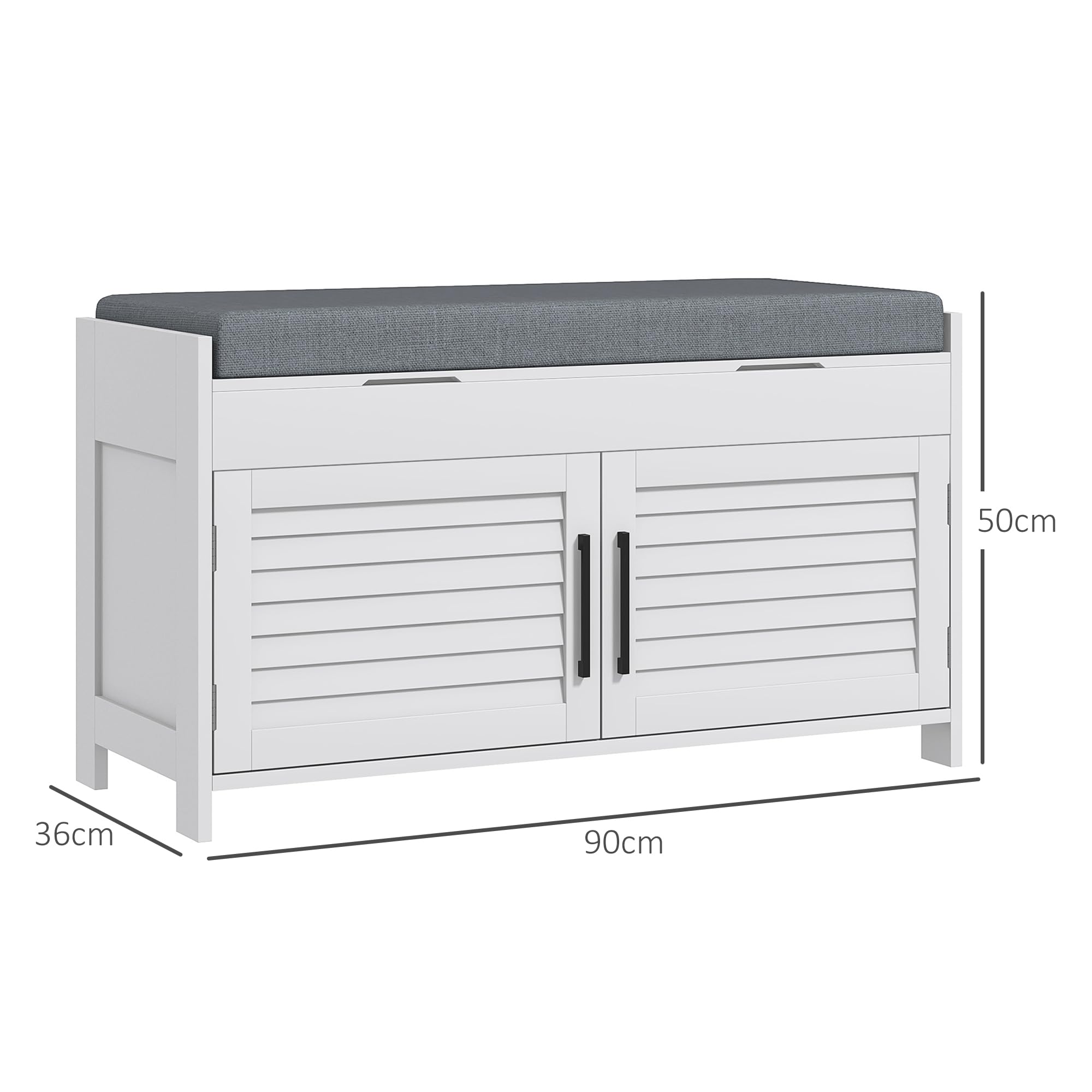 HOMCOM Banco zapatero cojín estantes ajust. puertas persiana 35.4" Blanco | Banco de entrada con almacenamiento, compartimentos ocultos, zapatero, soporta hasta 160 kg