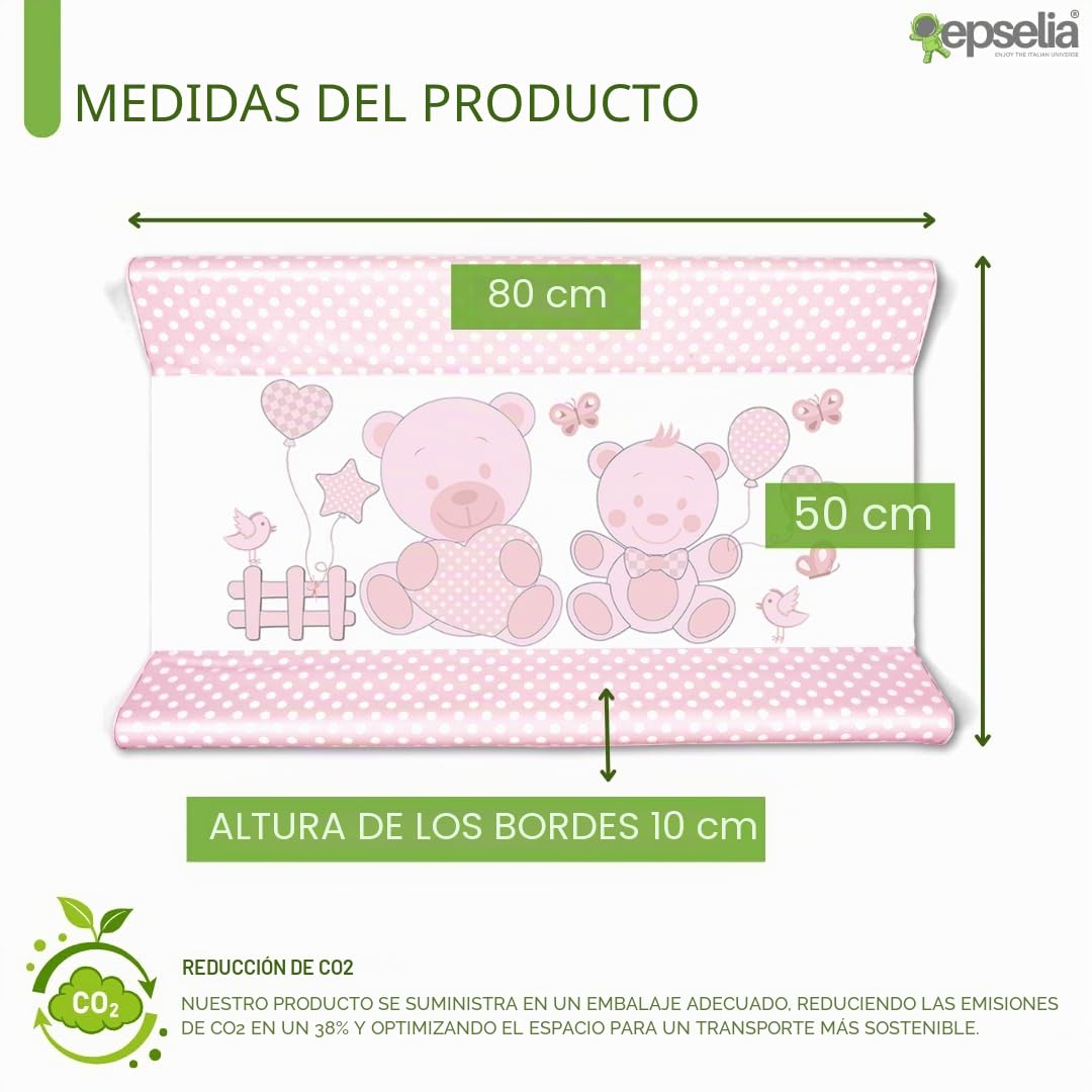 EPSELIA - Colchón cambiador de PVC, bolsillo de fijación no tóxico conforme a EN71, prueba antivuelco conforme a EN 12221, 80 x 50 x 10 cm, fácil mantenimiento