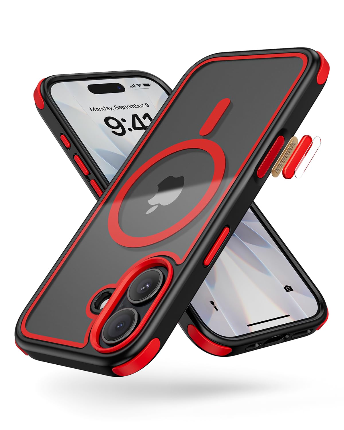 MobNano iPhone 17 ケース MagSafe対応 【カメラボタン対応・米軍MIL規格】 耐衝撃 クリア 透明 PC 背面 + TPU バンパー 衝撃吸収 コーナーガード 撞色デザイン 頑丈 黄変防止 マグセーフ ワイヤレス充電 ストラップホール付き アイフォン17 カバー(6.3インチ,ブラック/レッド)
