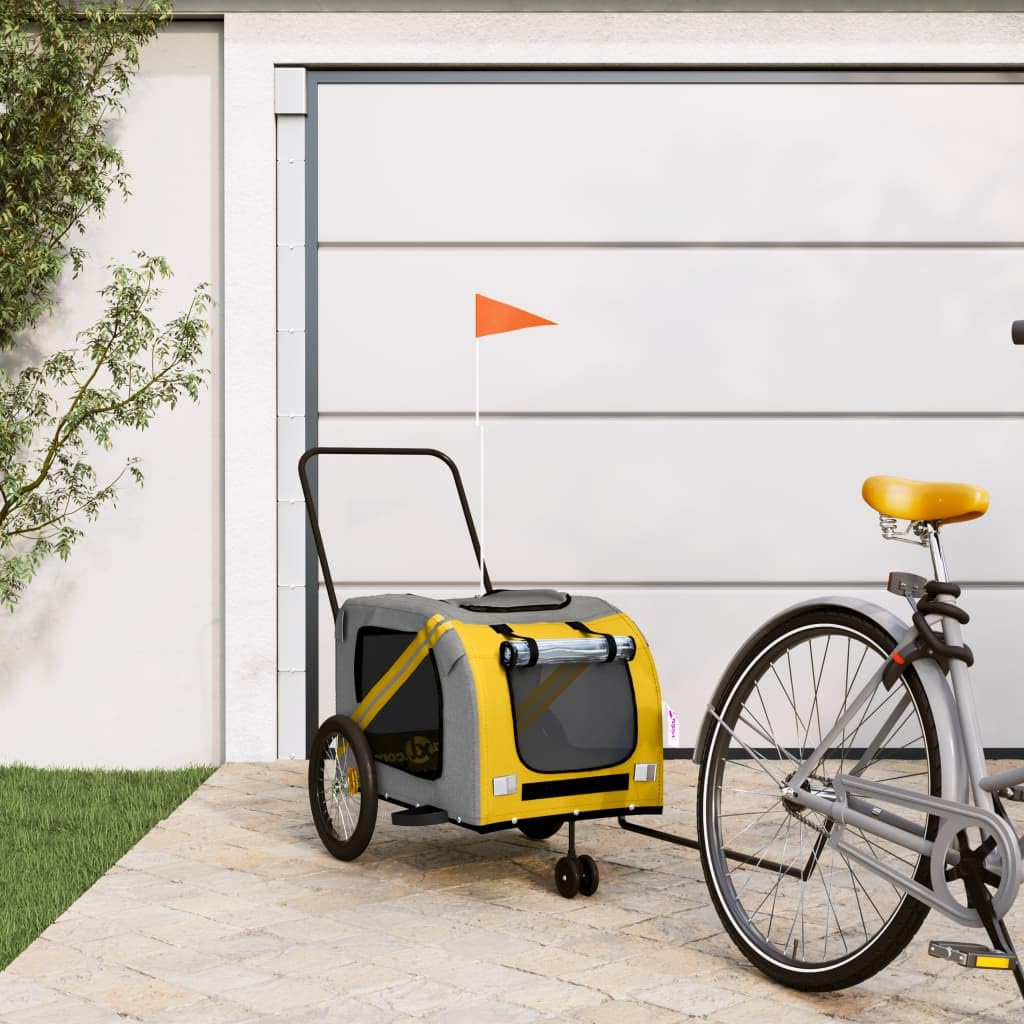 Fahrradanhänger Hunde Gelb und Grau aus Oxford-Gewebe und Eisen, faltbar, atmungsaktiv mit Netz, sicherer Transport für Haustier, ideal für Outdoor, Urlaub, Tierarzt und Spaziergänge