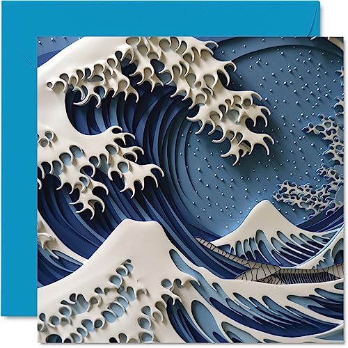 Katsushika Hokusai - Tarjetas de cumpleaños para mujeres y hombres – The Great Wave off Kanagawa – Tarjeta de arte clásica para mamá, papá, hermano, hermana, hijo, hija, abuela, 145 mm x 145 mm,