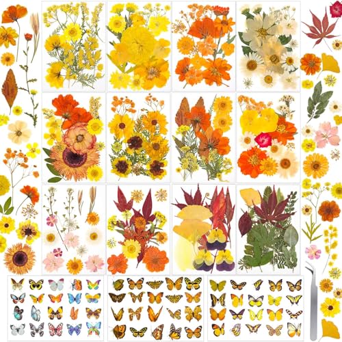 Image of 361 Pcs Fall Dried Pressed Flowers Butterfly Stickers for Resin Crafts