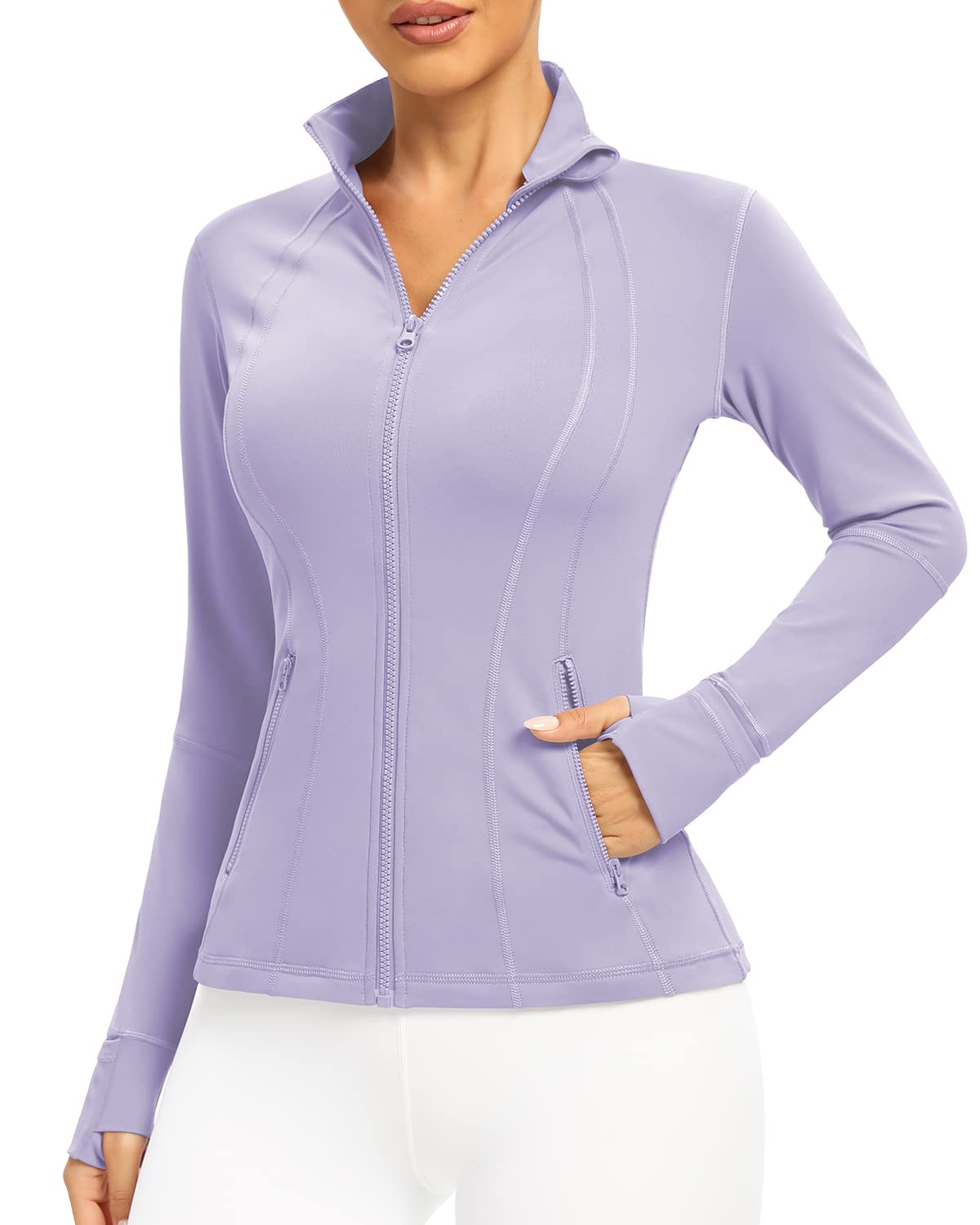 QUEENIEKEWomen's Slim Fit Running Jackets - Long Sleeves Athletic Workout Gym Tops with Back Mesh Vent & Thumb Holes