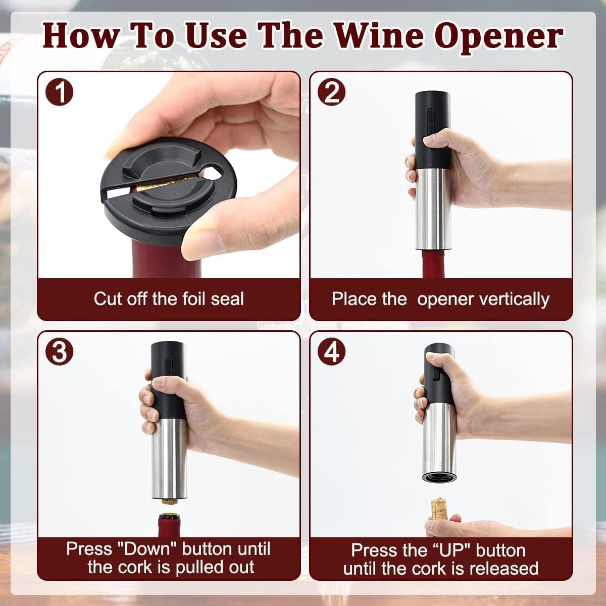 Electric Wine Opener Battery Operated, Automatic Electric Wine Bottle Opener with 2 in 1 Wine Stopper and Portable Corkscrew Foil Cutter, Wine Gifts