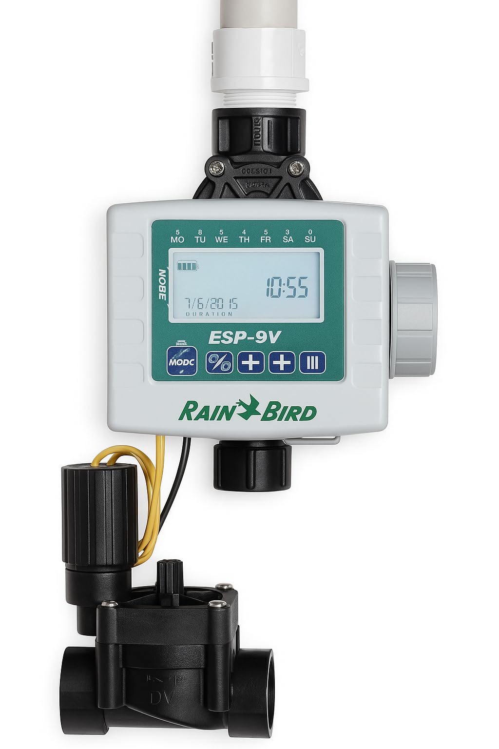 Programador de Riego Rain Bird ESP-9V + Válvula DV 1” H– 1 Zona – A Pilas, IP68, con Pantalla LCD – Instalación en Arqueta – Ideal para Zonas Sin Corriente