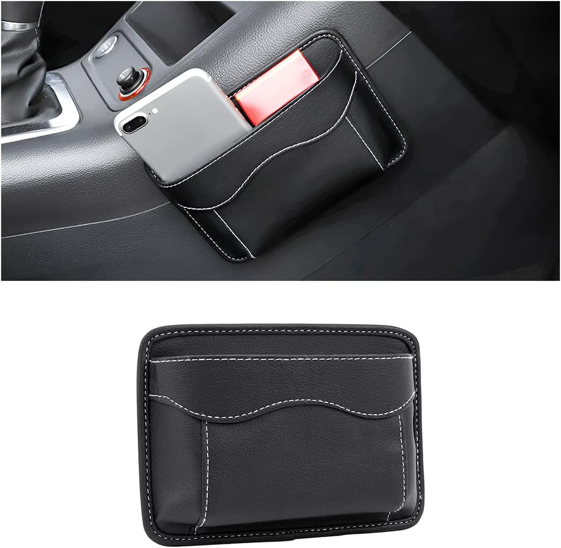 Car Seat Side Pocket Organizer, PU Leather Mini Storage Bag for Auto Door Window Console, Pen Phone Holder Tray Pouch Vehicle Seat Gap Filler for Organize Document, Registration, Notepad (Black)
