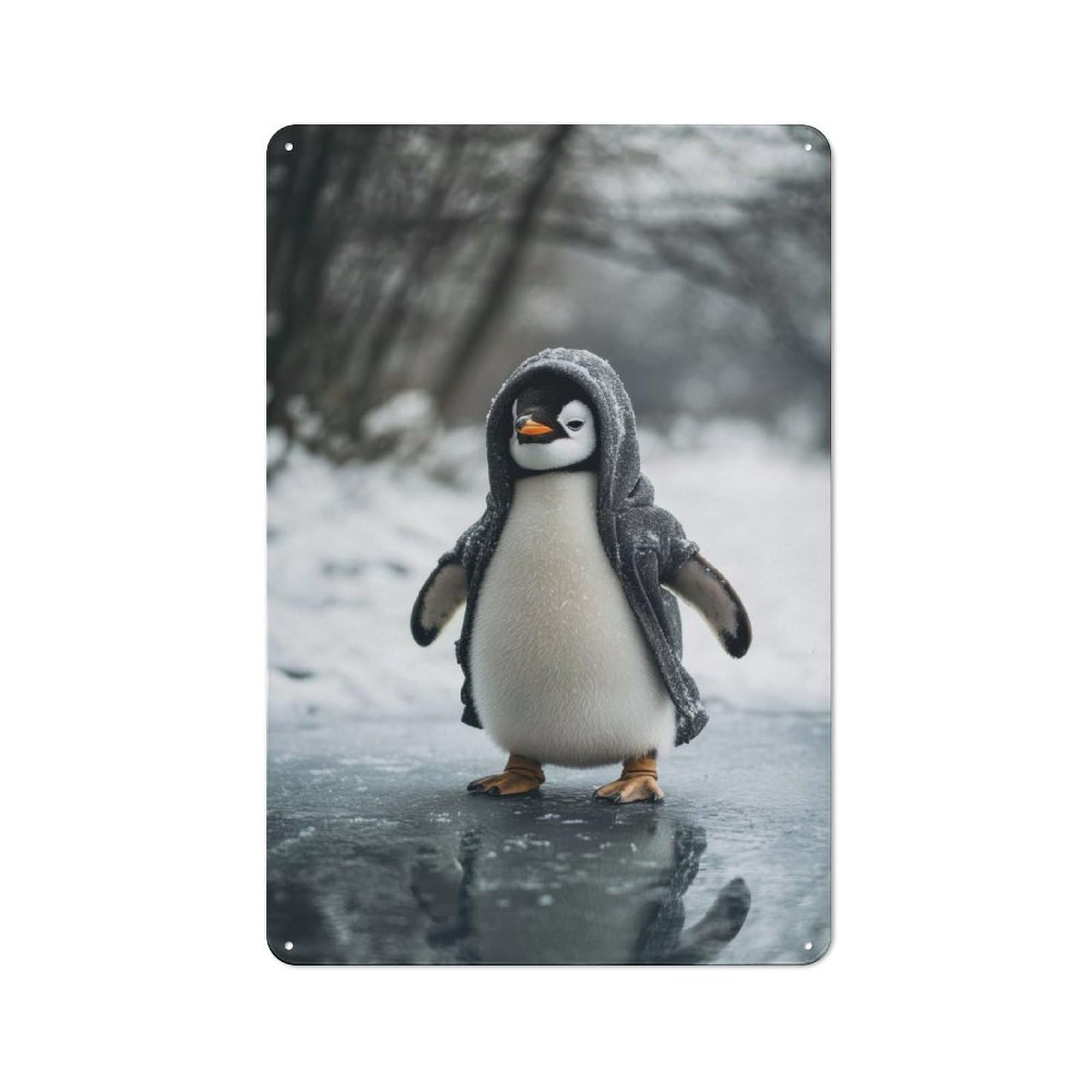 Junmoney Penguin In Hoodie On Ice Rustic Metal Plaque 30X20cm For Guest Room Or Hallway, A Decorative Metal Sign For Guest Rooms And Hallways