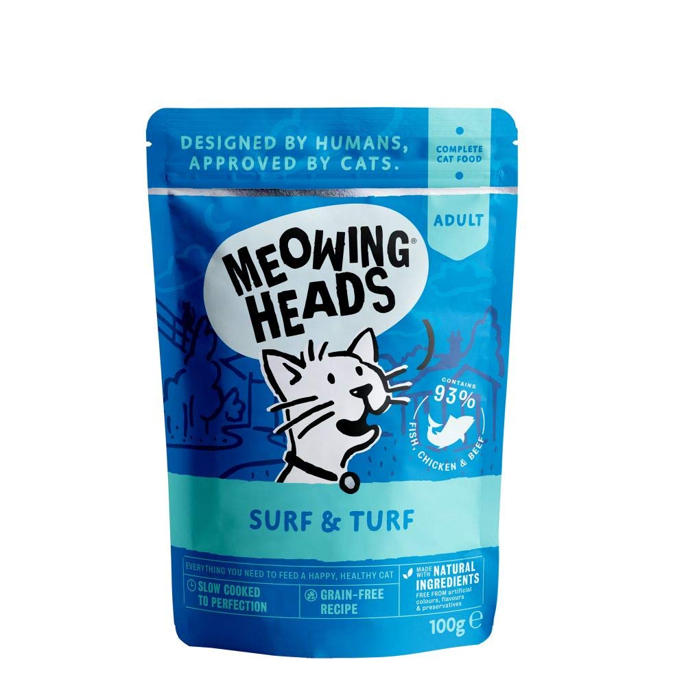 Meowing Heads Wet Cat Food - Surf & Turf - 93% Natural Fish, Chicken & Beef Pouches with No Artificial Flavours, Grain-Free Recipe (10 x 100 g)