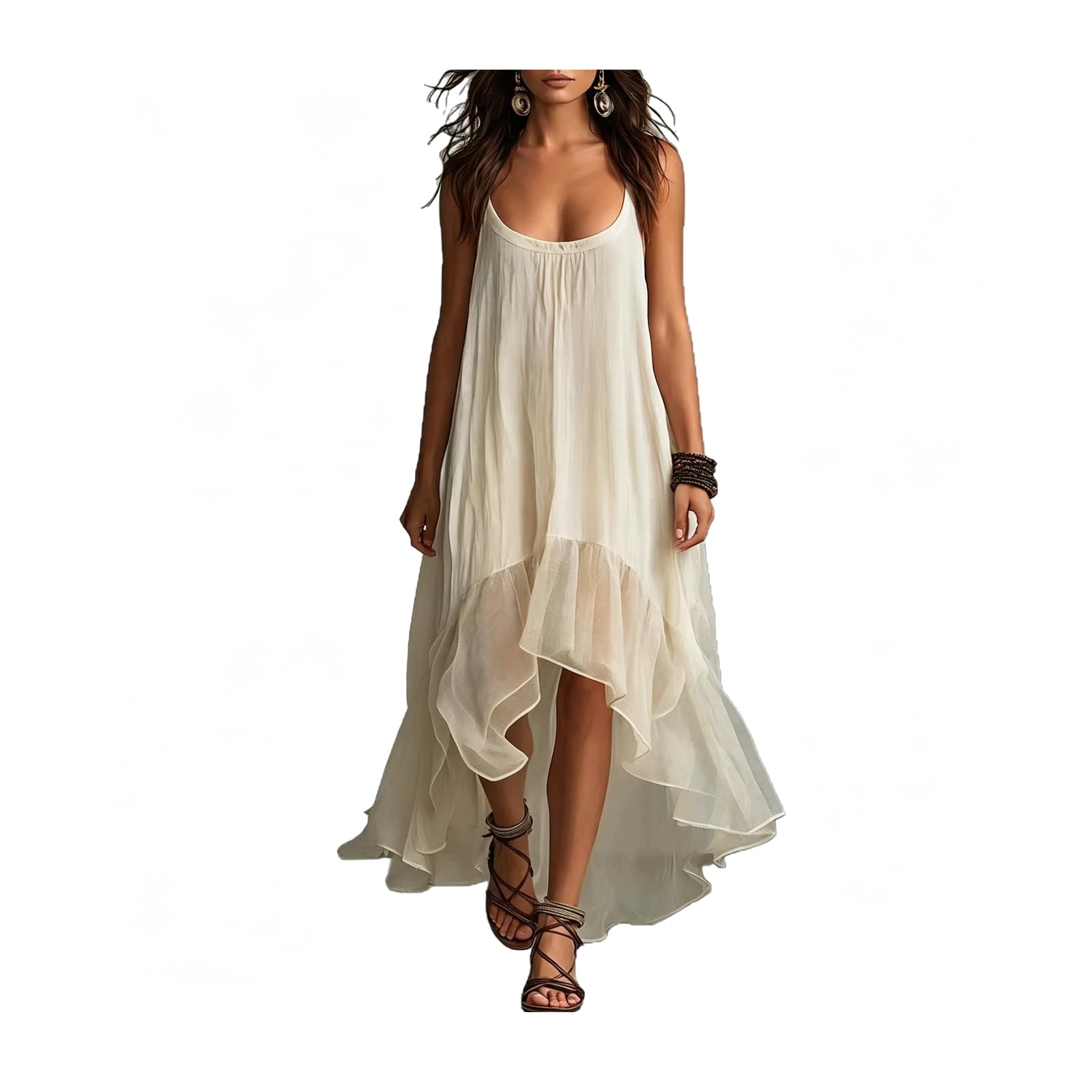 Robe Longue Femme Été Robe Bohème Chic et Elegant Robe Courte Devant Longue Derriere Robe à Fines Bretelles de Plage Fluide Robe sans Manches col en u,L