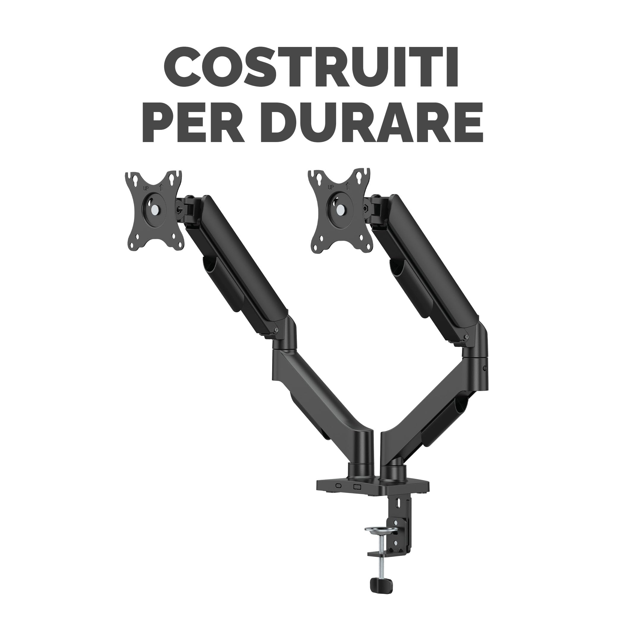 Fellowes Braccio Monitor Doppio Everyday Plus – Supporta 2 schermi 17"-32" (2-9 kg ciascuno), regolabile in altezza, inclinazione e rotazione, VESA 75/100, a morsetto o foro passante - Nero