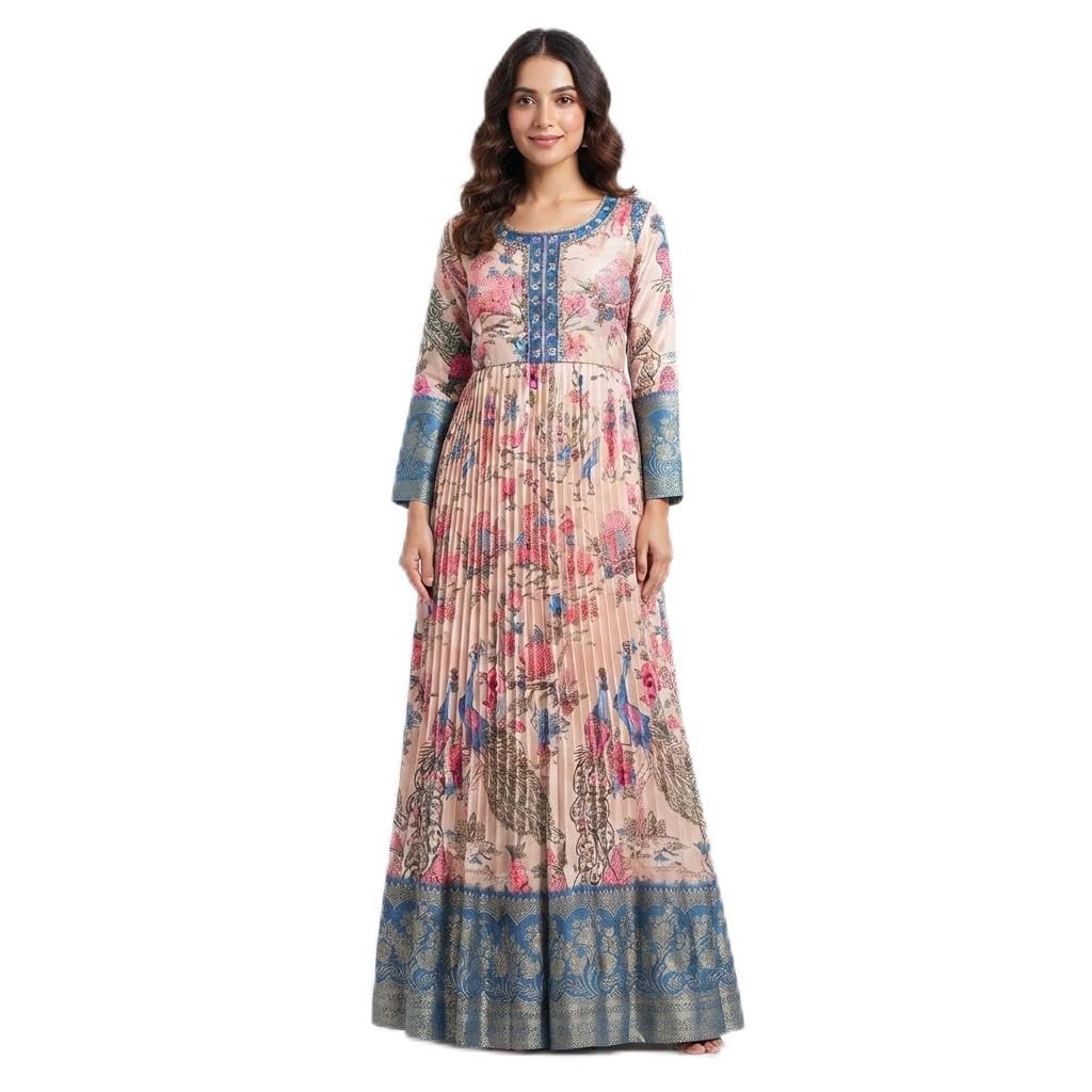 Women's Floral Printed Pleated Maxi Dress, Peach & Blue-picture-42