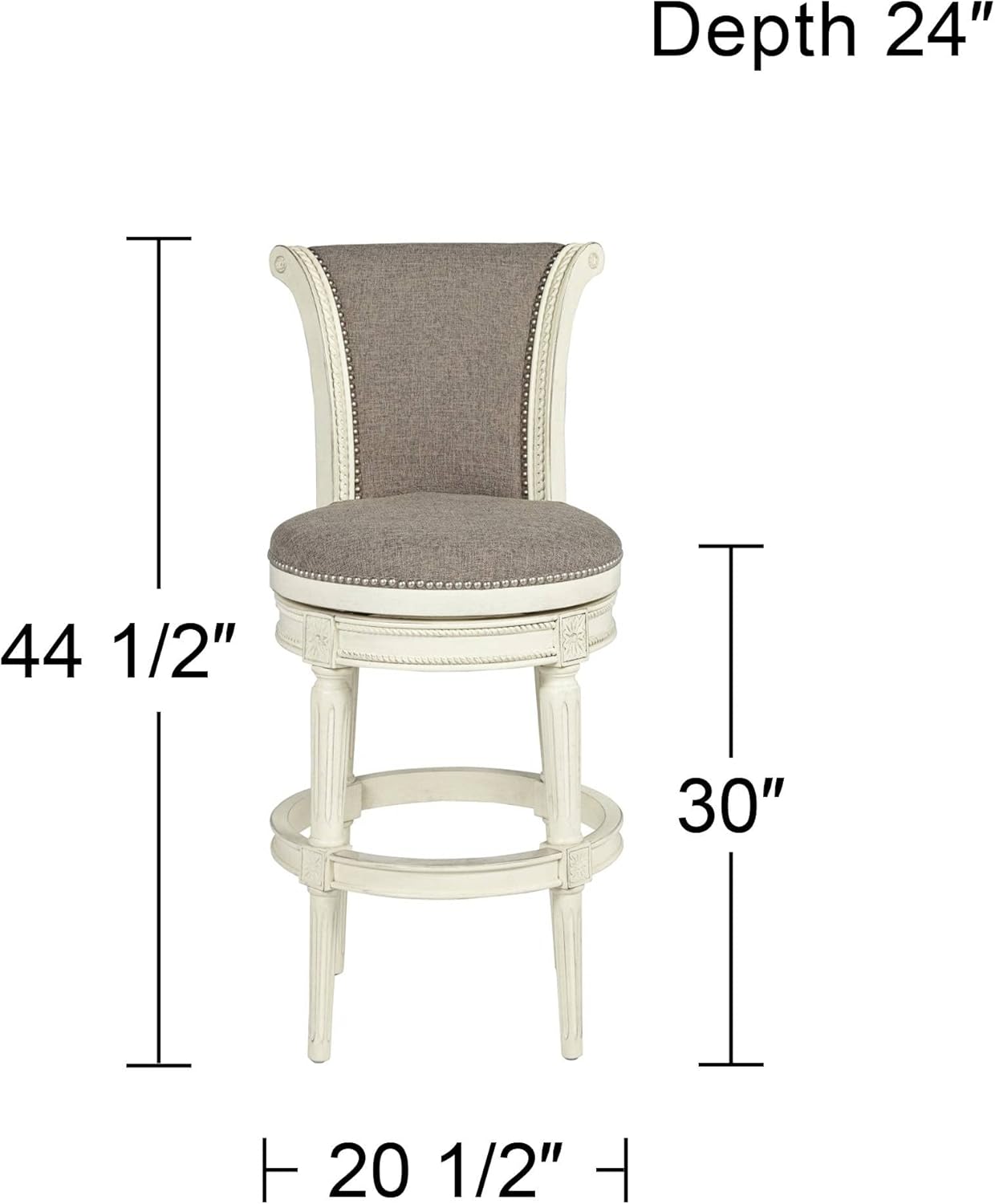 55 Downing Street Oliver Vintage White Wood Swivel Bar Stool 30" High Farmhouse Rustic Pewter Gray Upholstered Round Cushion with Scroll Backrest Footrest for Cottage Core Kitchen Counter Height