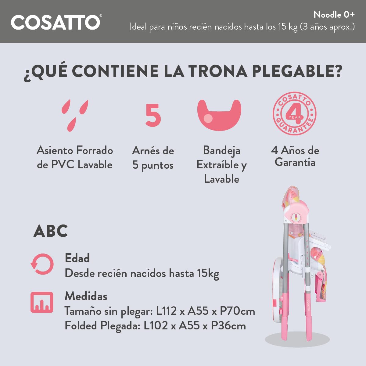 COSATTO Noodle 0+ Trona Bebé - 0 hasta 15 Kilos, Trona Portátil Bebé, Compacta, Regulable en Altura, Silla para Comer Bebé Plegable con 2 Bandejas Extraíbles Fácil de Limpiar, Trona Reclinable