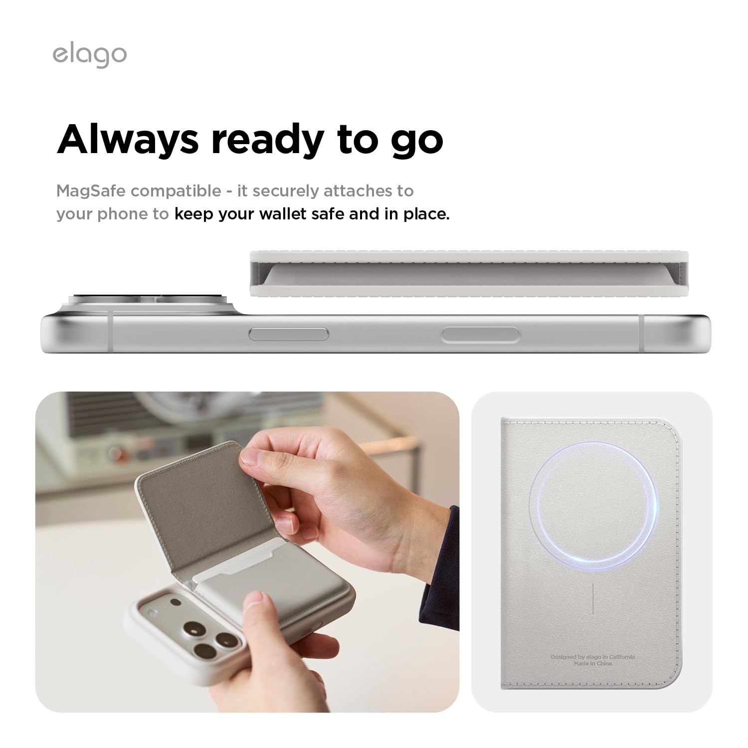 elago Tarjetero Magnético de Cuero Vegano para 4 Tarjetas - Compatible con MagSafe para iPhone, Cartera Segura para el Teléfono, Protección contra Arañazos, Admite Monedas y Billetes (Gris Claro)