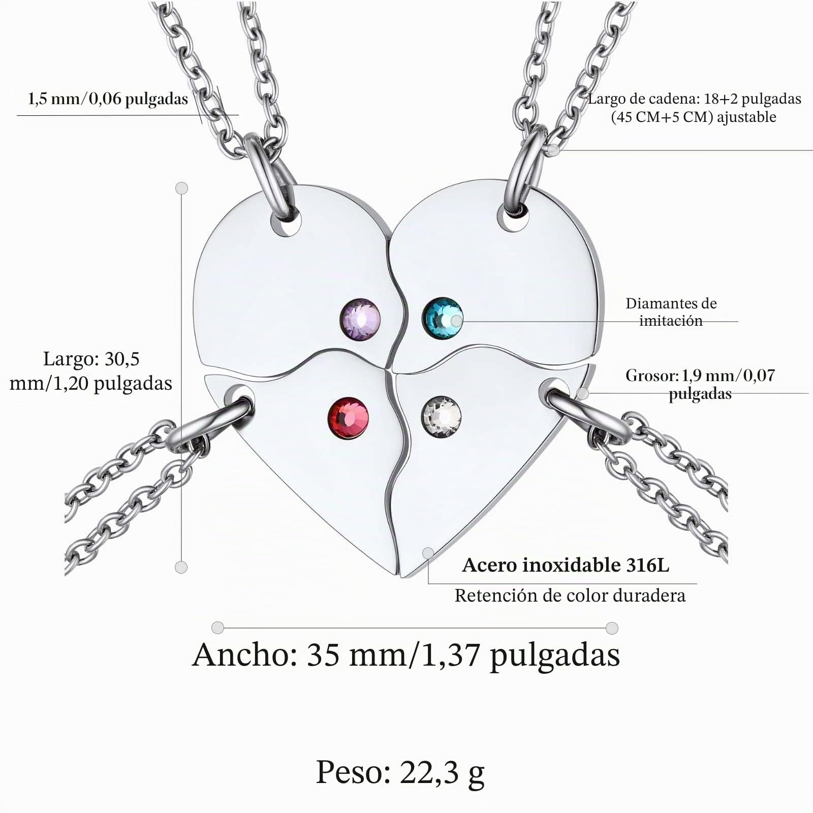 FindChic Collar Corazón Rompecabezas 2/3/4/5/6 Pcs Colgante Personalizado con Piedras Nacimiento Acero Inoxidable Cadena 45cm+5cm