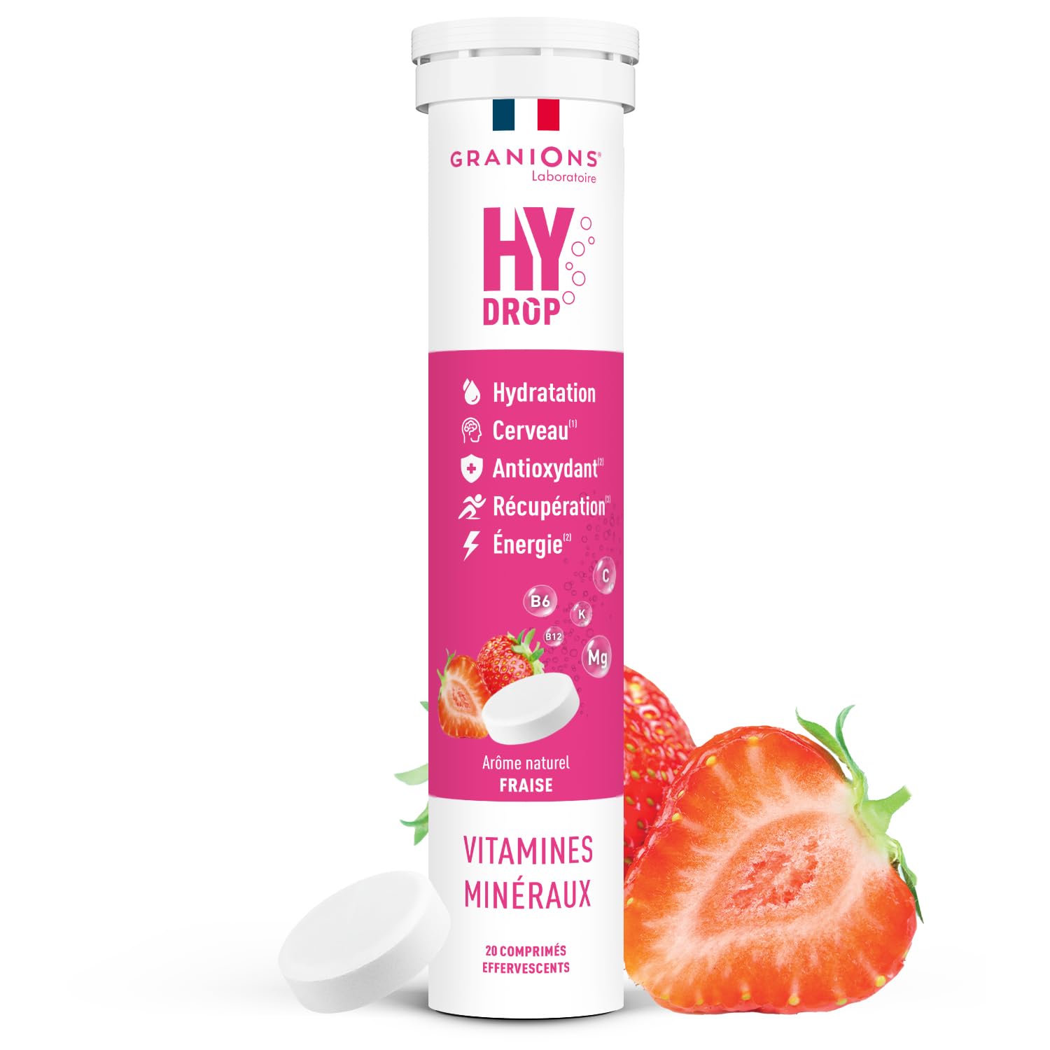 GRANIONS HYDROP - Pastilles Hydratation - Fraise - SANS SUCRES - Fabriqué en France - Electrolytes Hydratation - Vitamines, Minéraux, Magnesium - Pastille Hydratation - 20 Pastilles Effervescentes