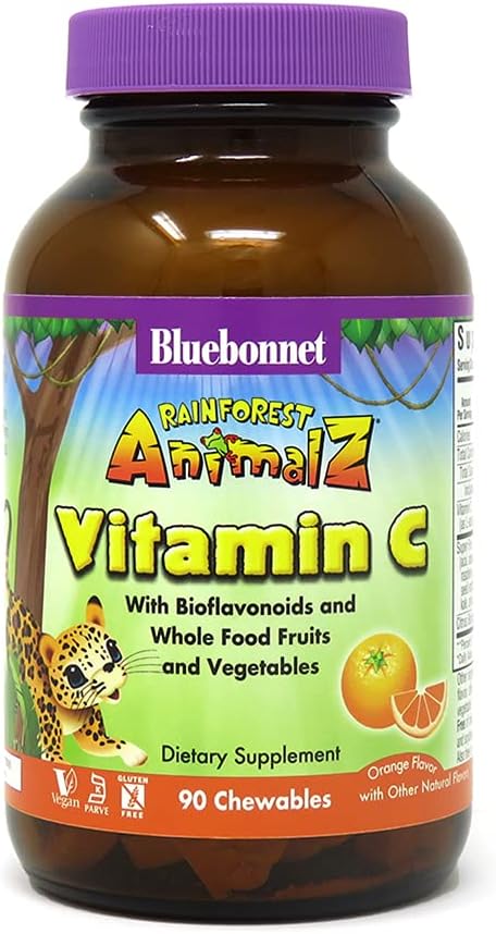Bluebonnet Nutrition Rainforest Animalz Vitamin C Animal Shape Chewable Tablets, 250mg of Vitamin C, Soy-Free, Gluten-Free, Kosher Certified, Dairy-Free, Vegan, 90 Tablets, 45 Servings, Orange Flavor