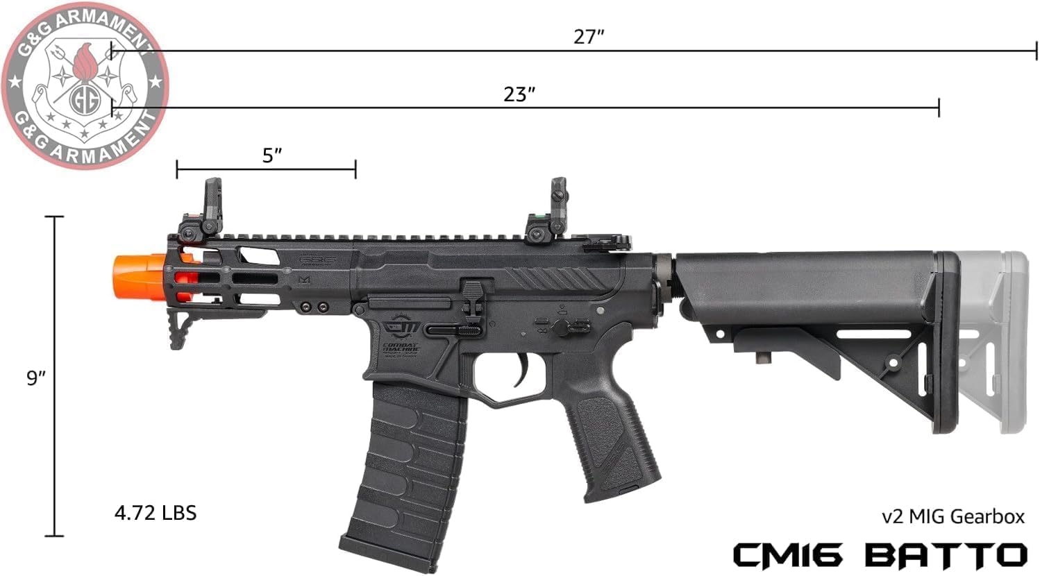 G&G Airsoft CM16 M4 High-Performance Full Metal Gearbox 6mm AEG Rifle with Integrated RAS and Crane Stock, Combat Machine Raider, Game Master Series