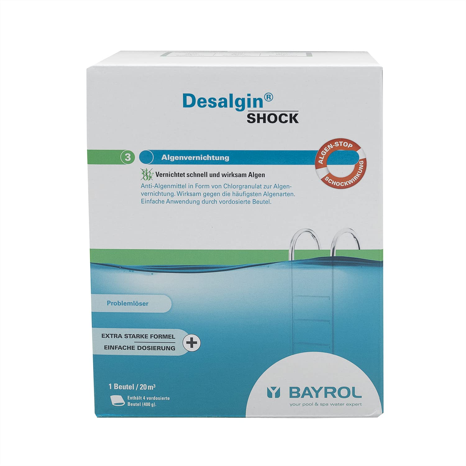 BAYROL DESALGIN Shock Granulés (Boîte de 4 sachets de 400g) - 1,6kg | Anti-Algues Curatif - Action Choc + 10 Tests HPS OFFERTS 6 en 1