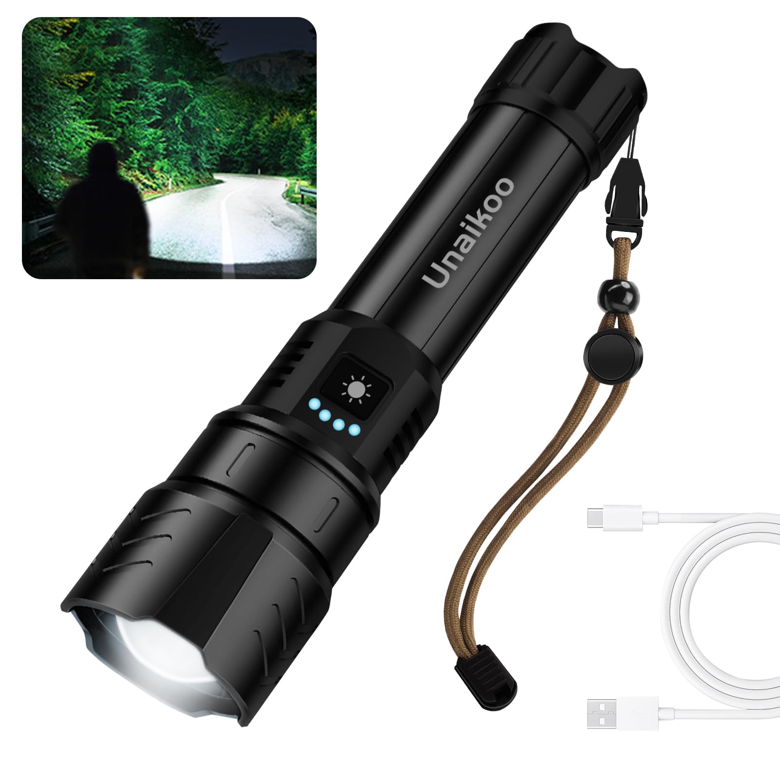 Unaikoo Rechargeable Flashlight High Lumens - 10000LM Powerful Tactical Flashlights with 4 Modes Zoomable LED Flashlight Waterproof Brightest Flash