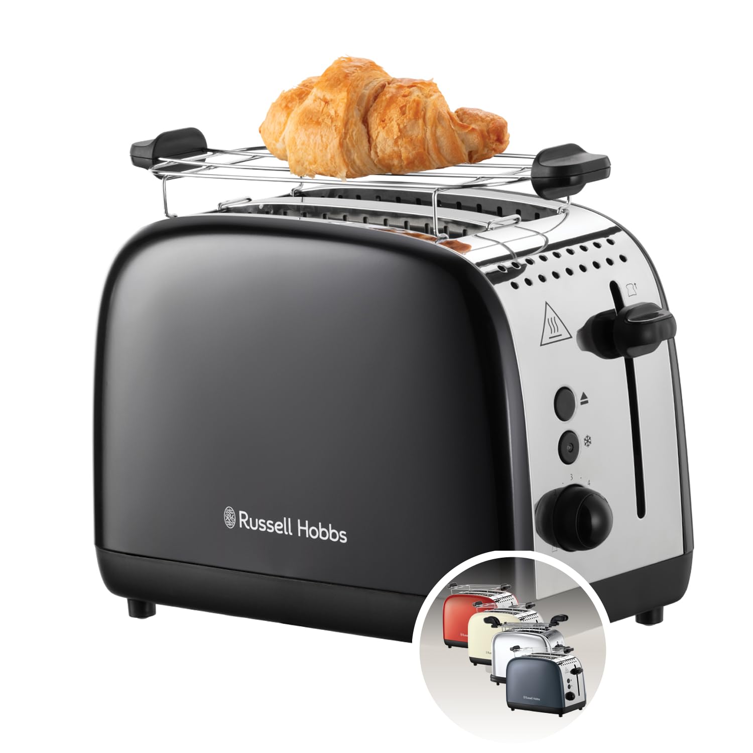 Russell Hobbs Toaster [für 2 Scheiben] Colours Plus Edelstahl Schwarz (extra breite Toastschlitze, inkl. Brötchenaufsatz, 6 Bräunungsstufen + Auftaufunktion, Lift & Look-Funktion, 1600W) 26550-56