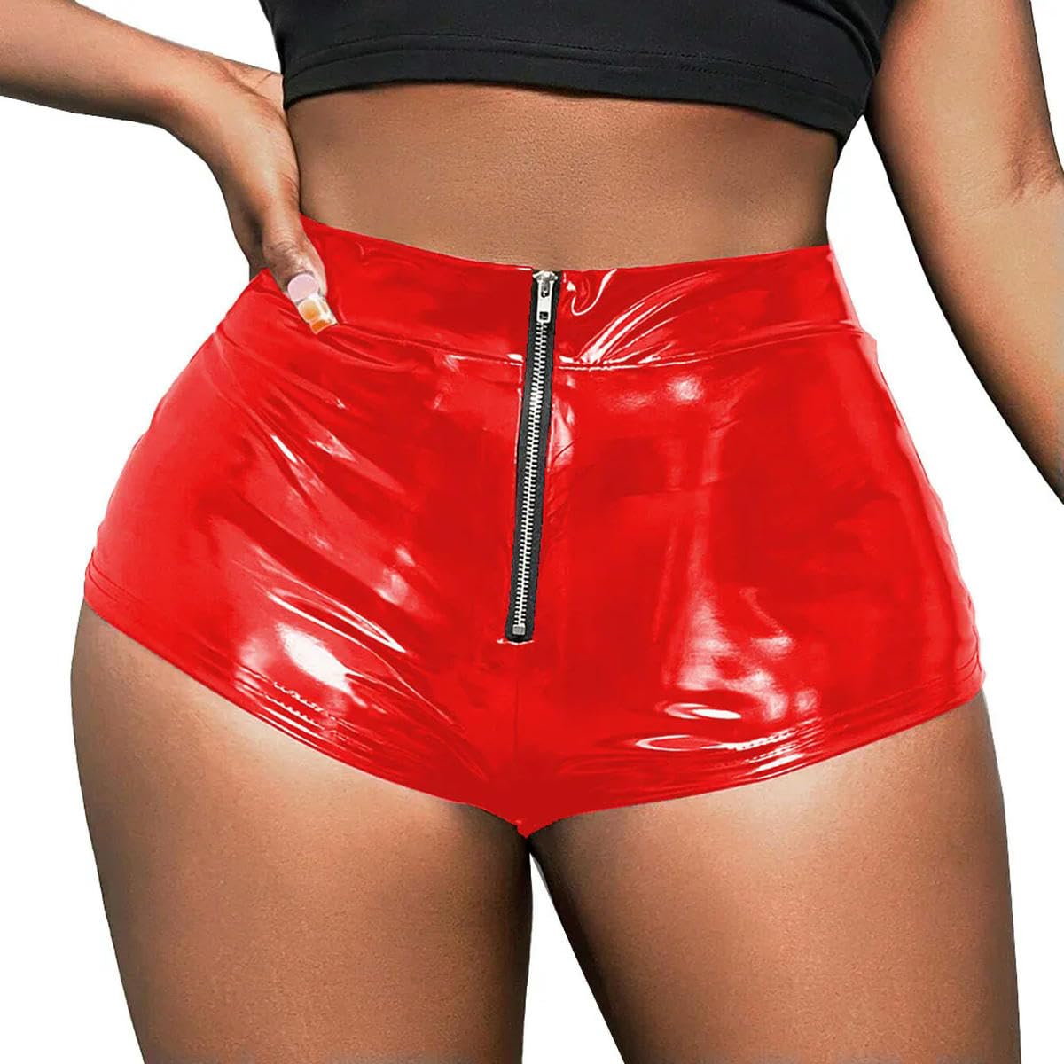 Mini Women Shorts PU Leather Push Up Front Zipper Customizable Red